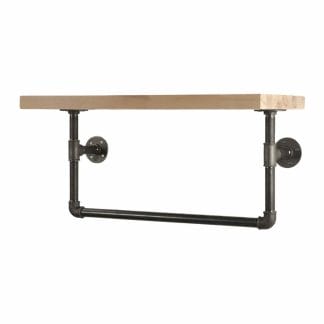 Raw steel industrial pipe shelf brackets and hanging rail with reclaimed wood
