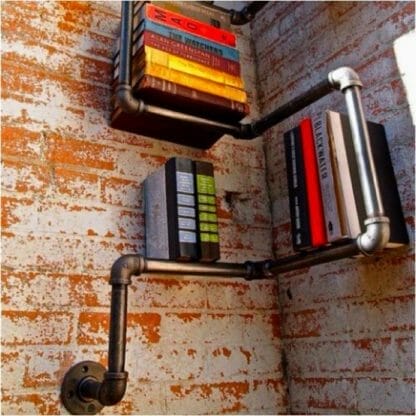 industrial steel pipe wall mounted corner bookcase