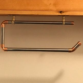 chrome and copper industrial pipe under cupboard kitchen roll holder