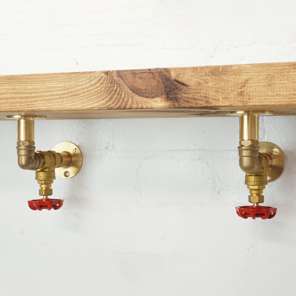 Industrial Brass Pipe Shelf Bracket Holder Elbow Style pair 