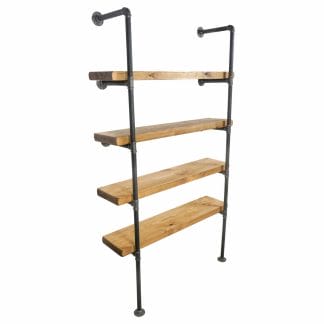 Wall and floor mounted industrial pipe shelving unit raw steel with reclaimed wood shelves