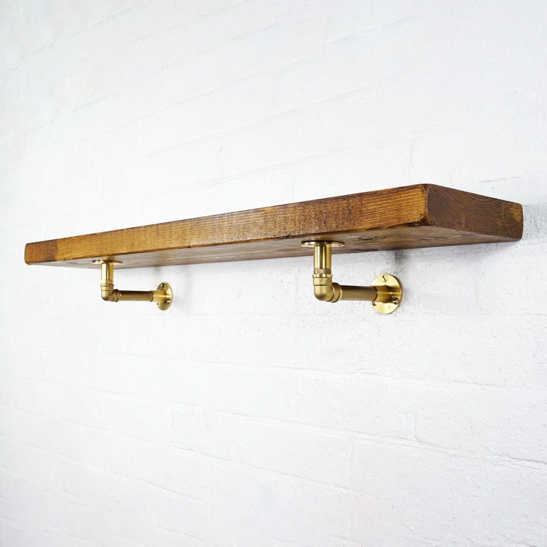 Reclaimed Scaffold Board Shelves with Brass Elbow Brackets Reclaimed Timber Style Pipe Dream