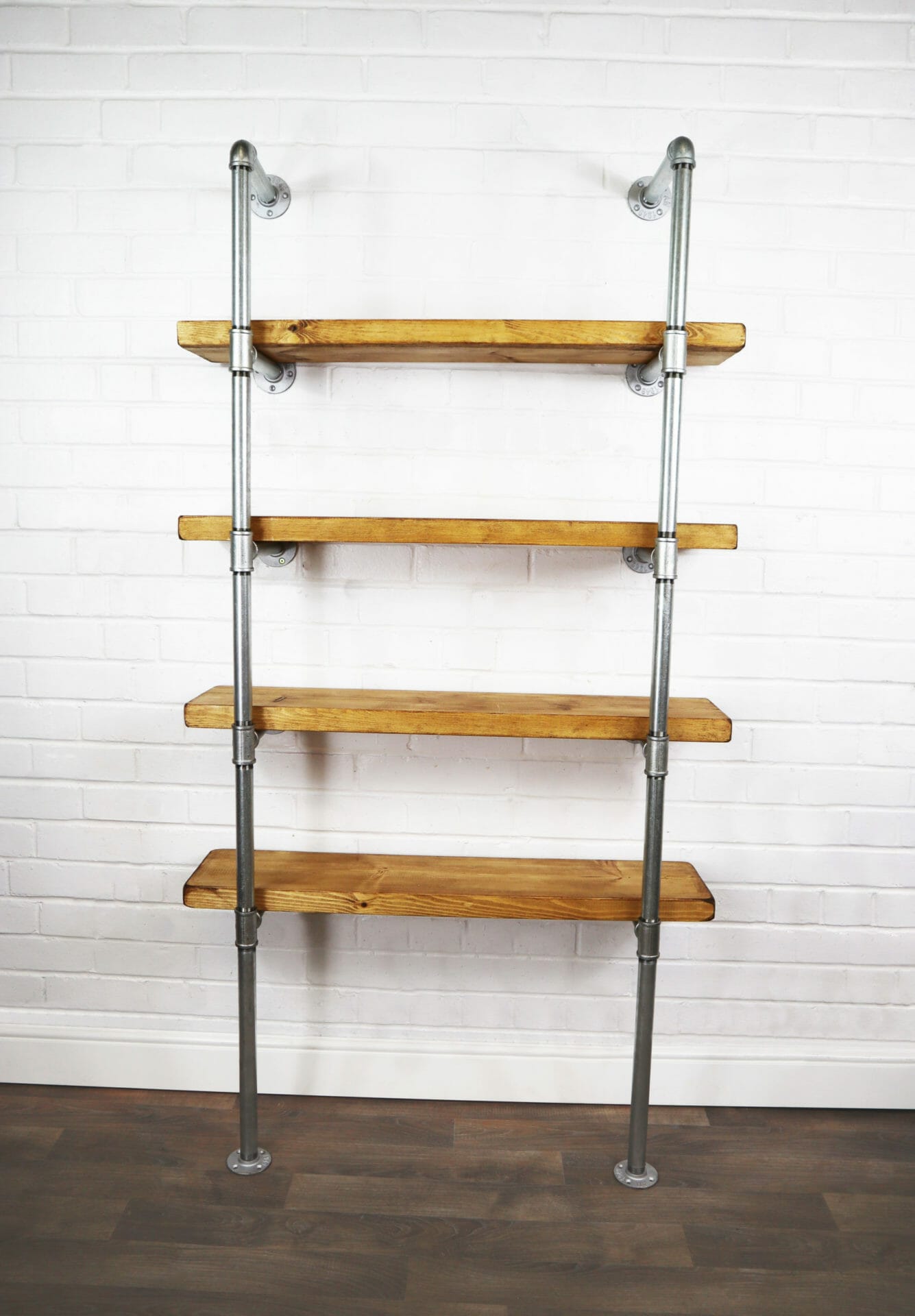 Floor Mounted Shelving Unit With Reclaimed Wooden Shelves Industrial Silver Steel Pipe Style 0907