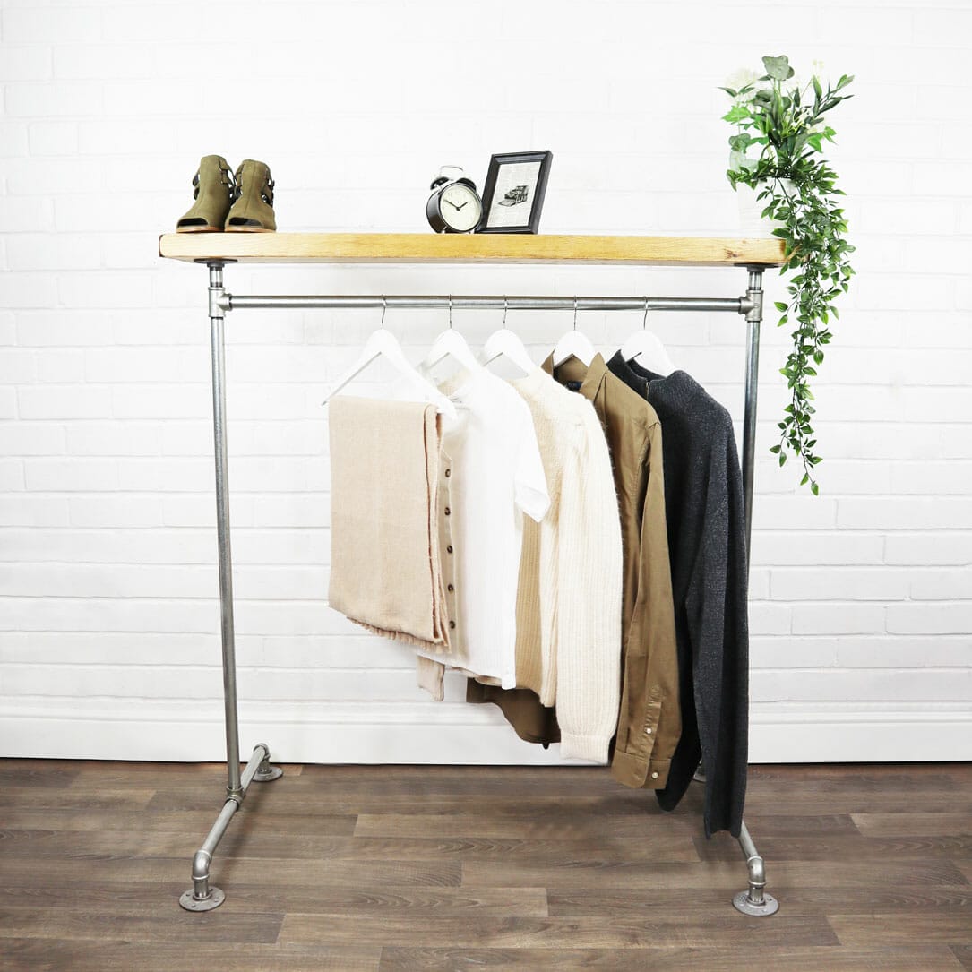 Free Standing Clothing Rail with Wooden Shelf | Industrial Silver Steel ...