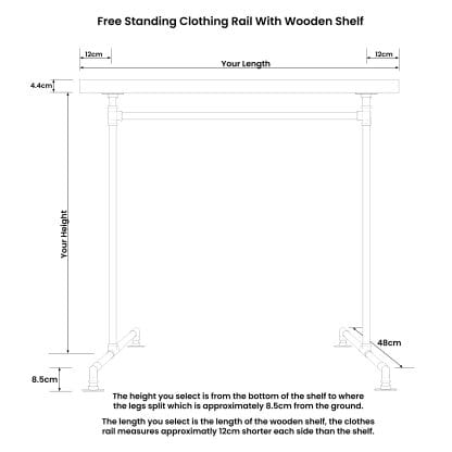 Size Guide - Free Standing Clothing Rail With Wooden Shelf