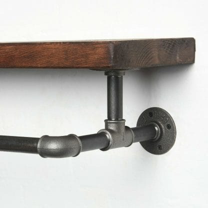 raw steel industrial pipe shelf with elbows, hanging rail and dark wood reclaimed shelf