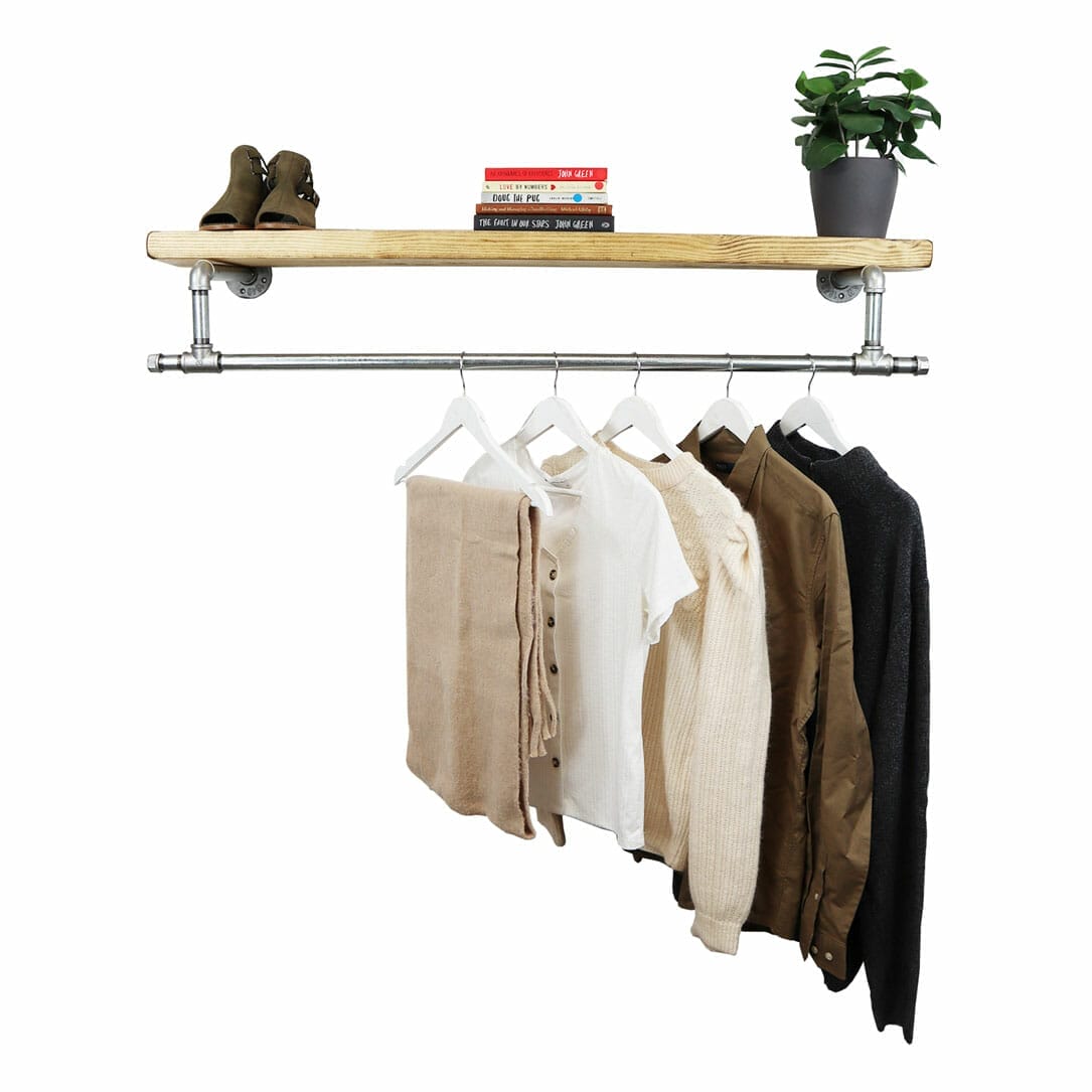 Tee Clothes Rail With Solid Wooden Shelf | Industrial Silver Steel Pipe ...