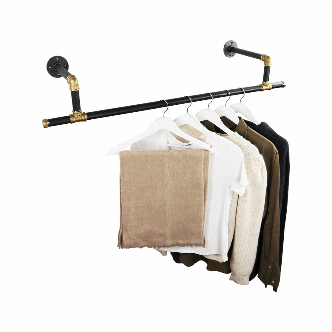 Tee Style Double Level Clothing Rail  Industrial Raw Steel and Brass Pipe  Style - Pipe Dream Furniture