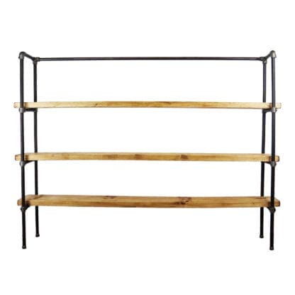 Raw steel industrial pipe shelving unit with reclaimed wooden shelves freestanding
