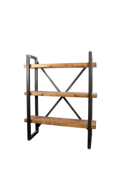 reclaimed wood shelving unit with industrial steel pipe