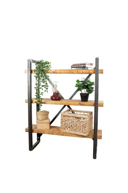reclaimed wood shelving unit with industrial steel pipe