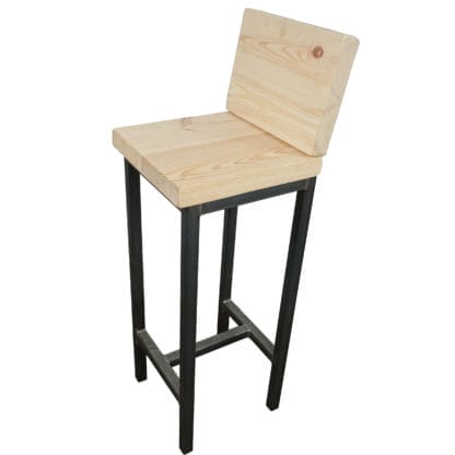 high bar stool with steel black legs and reclaimed wooden seat and back