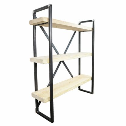 raw steel square shelving unit with wooden shelves