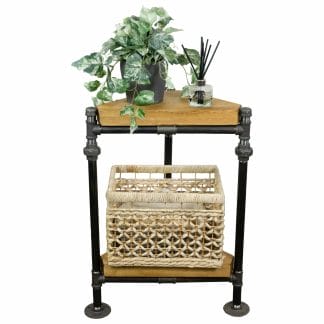 black steel industrial pipe corner table with reclaimed wooden shelves