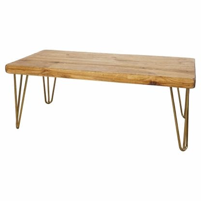 coffee table with brass hairpin legs and reclaimed wood table top