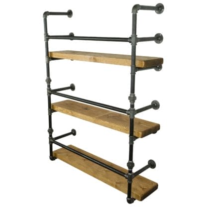 raw steel industrial pipe shelving unit with reclaimed wood shelves