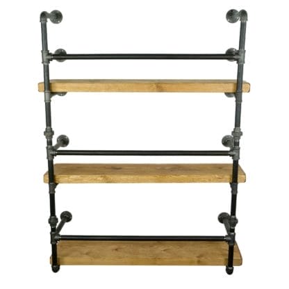 raw steel industrial pipe shelving unit with reclaimed wood shelves