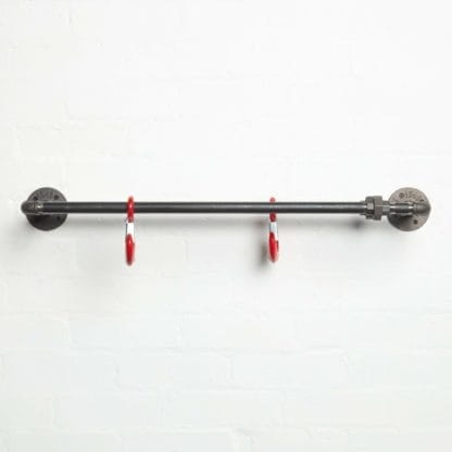 raw steel industrial pipe double towel rail with red hooks