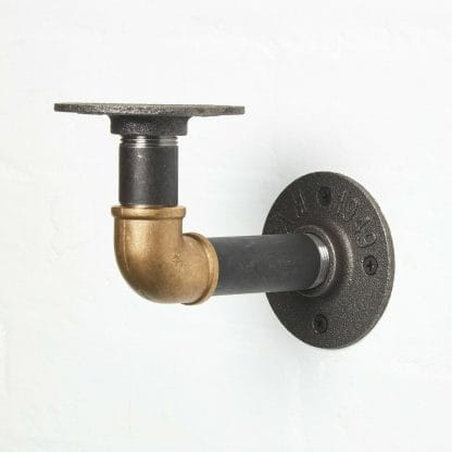 raw steel industrial pipe shelf brackets with brass elbows pair