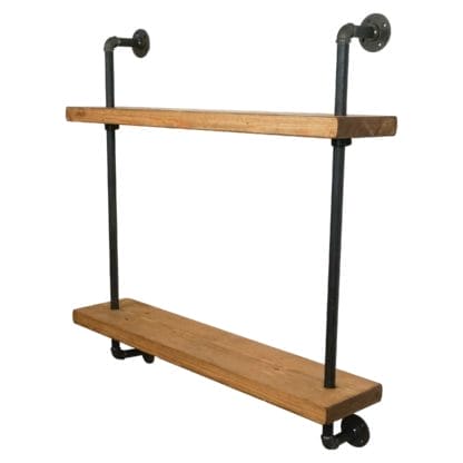 wall mounted powder coated black industrial pipe reclaimed timber shelving unit