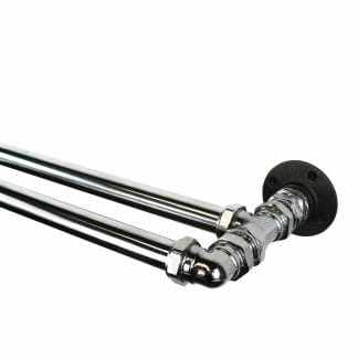 Chrome industrial pipe double curtain pole close up left