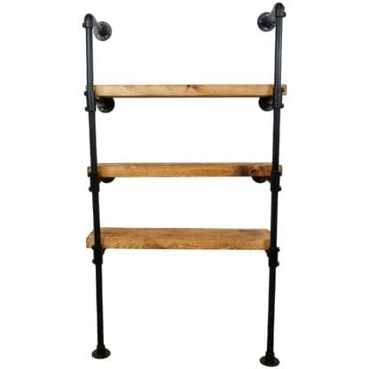 industrial pipe wall and floor mounted shelving unit reclaimed timber