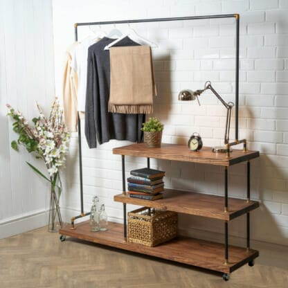 Raw-Steel-And-Brass-Clothes-Rail-with-Reclaimed-Timber-Shelving-6