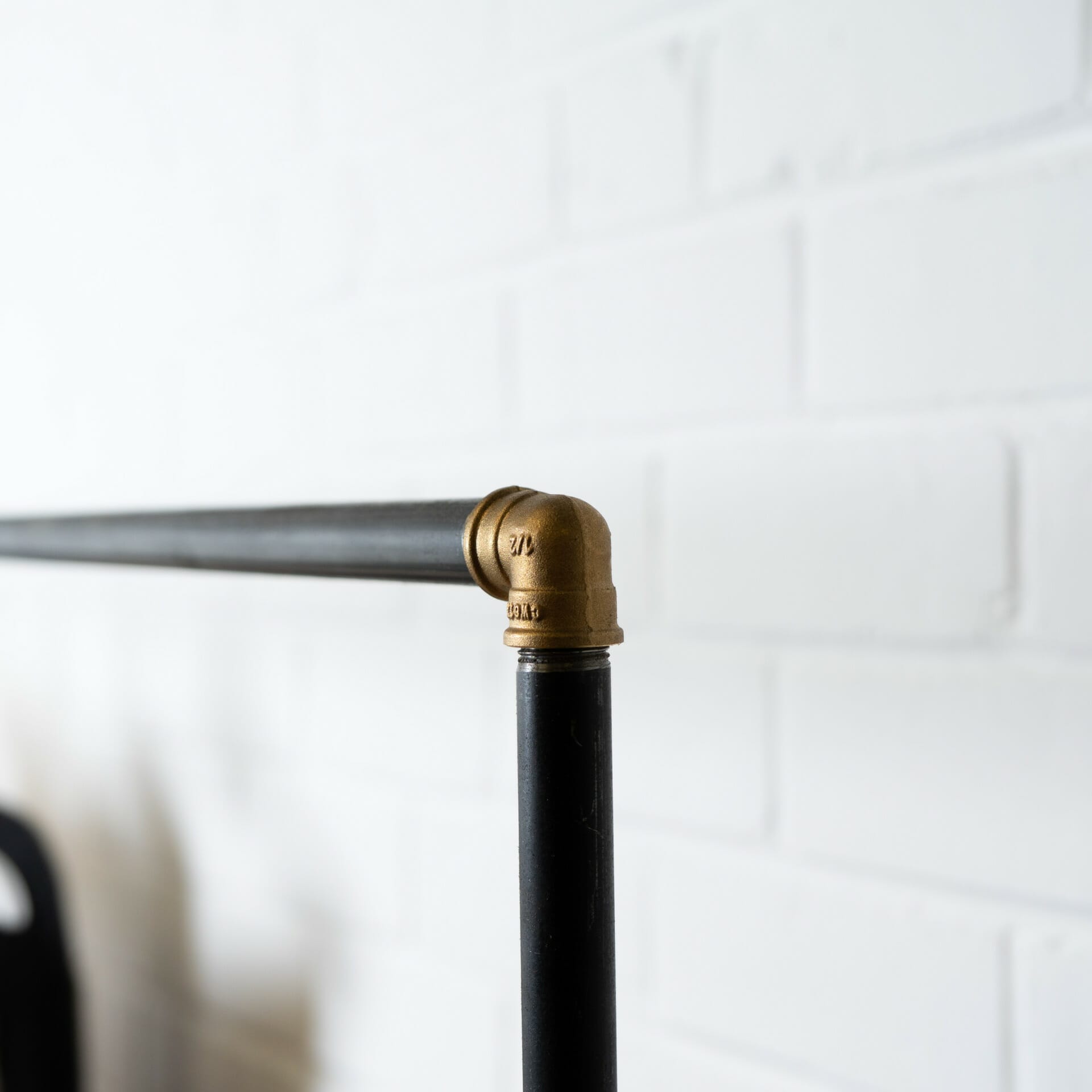 Raw Steel And Brass Clothes Rail with Short Reclaimed Timber Shelving -  Pipe Dream Furniture