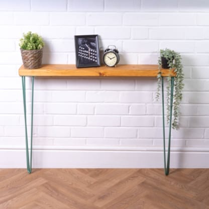 Reclaimed-Timber-Console-Table-with-Pastel-Green-Hairpin-Legs-3