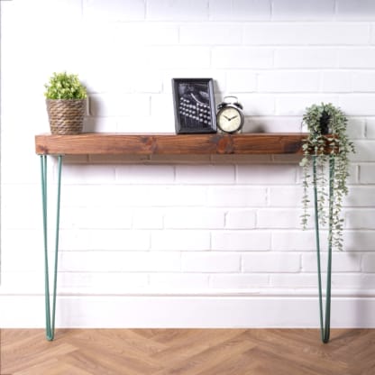 Reclaimed-Timber-Chunky-Console-Table-with-Pastel-Green-Hairpin-Legs-10