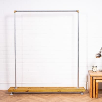 Free-Standing-Clothing-Rail-on-Wooden-Base-Industrial-Silver-And-Brass-Pipe-Style-6