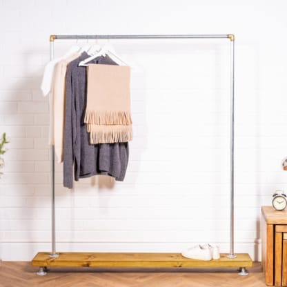 Free-Standing-Clothing-Rail-on-Wooden-Base-Industrial-Silver-And-Brass-Pipe-Style-5