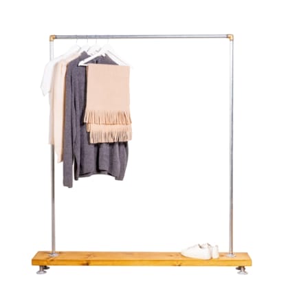 Free-Standing-Clothing-Rail-on-Wooden-Base-Industrial-Silver-And-Brass-Pipe-Style