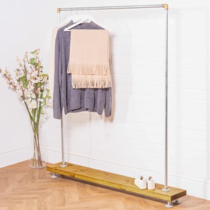 Free-Standing-Clothing-Rail-on-Wooden-Base-Industrial-Silver-And-Brass-Pipe-Style-2