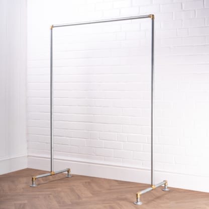 Free-Standing-Single-Clothing-Rail-Industrial-Silver-and-Brass-Pipe-Style-3