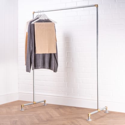 Free-Standing-Single-Clothing-Rail-Industrial-Silver-and-Brass-Pipe-Style-2