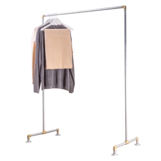 Free-Standing-Single-Clothing-Rail-Industrial-Silver-and-Brass-Pipe-Style