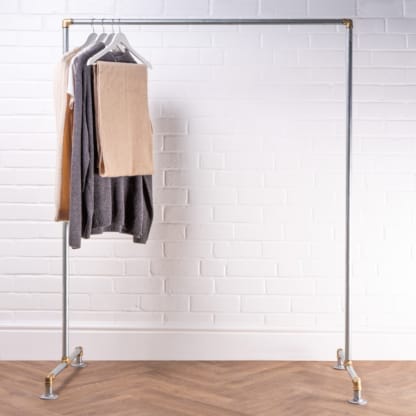 Free-Standing-Single-Clothing-Rail-Industrial-Silver-and-Brass-Pipe-Style-4