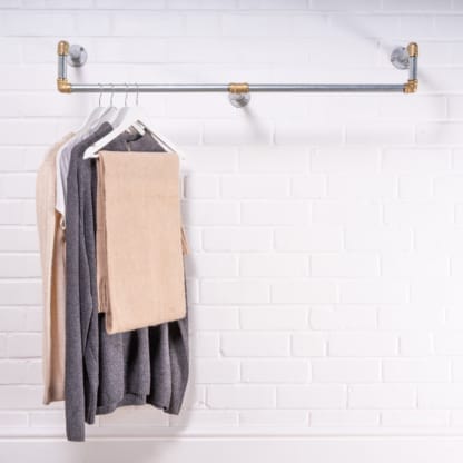 Wall-Mounted-Drop-Down-Clothes-Rail-Industrial-Silver-and-Brass-Pipe-Style-3