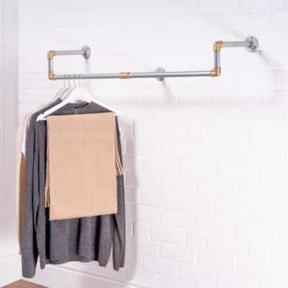 Wall-Mounted-Drop-Down-Clothes-Rail-Industrial-Silver-and-Brass-Pipe-Style-2
