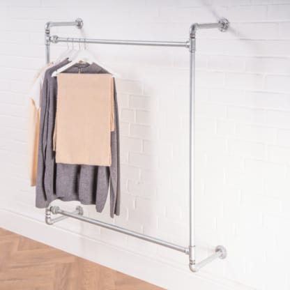 Wall-Mounted-Square-Two-Tiered-Clothing-Rail-Industrial-Silver-Pipe-Style-2