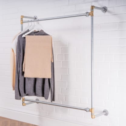 Wal-Mounted-Square-Two-Tiered-Clothing-Rail-Industrial-Silver-and-Brass-Pipe-Style-2