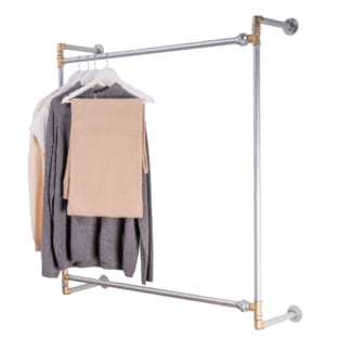 Wall-Mounted-Square-Two-Tiered-Clothing-Rail-Industrial-Silver-and-Brass-Pipe-Style