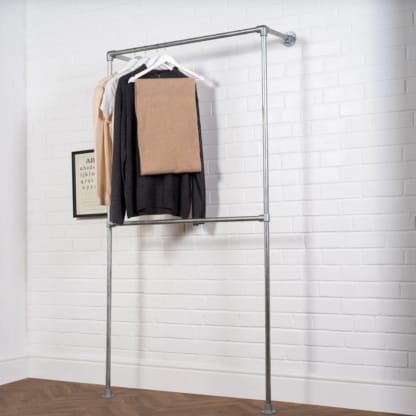 Wall-and-Floor-Mounted-Full-Height-Two-Tiered-Clothing-Rail-Industrial-Silver-Pipe-Style-4