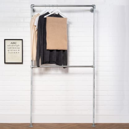 Wall-and-Floor-Mounted-Full-Height-Two-Tiered-Clothing-Rail-Industrial-Silver-Pipe-Style-3