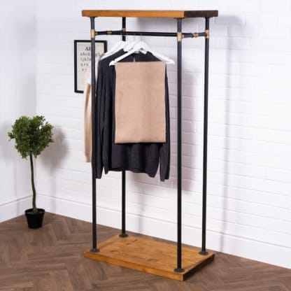 Wooden-Surround-Clothes-Rail-Industrial-Raw-Steel-and-Brass-Pipe-Style-2
