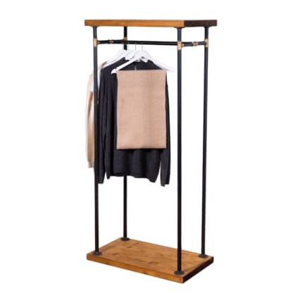 Wooden-Surround-Clothes-Rail-Industrial-Raw-Steel-and-Brass-Pipe-Style