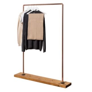 Free-Standing-Clothing-Rail-on-Wooden-Base-Industrial-Copper-Pipe-Style
