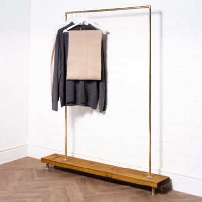 Free-Standing-Clothing-Rail-on-Wooden-Base-Solid-Brass-Pipe-Style-4
