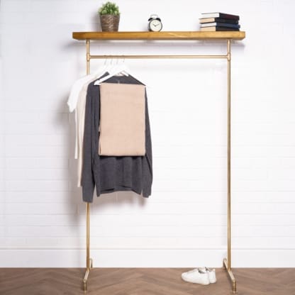 Free-Standing-Clothing-Rail-with-Wooden-Shelf-Solid-Brass-Pipe-Style-3